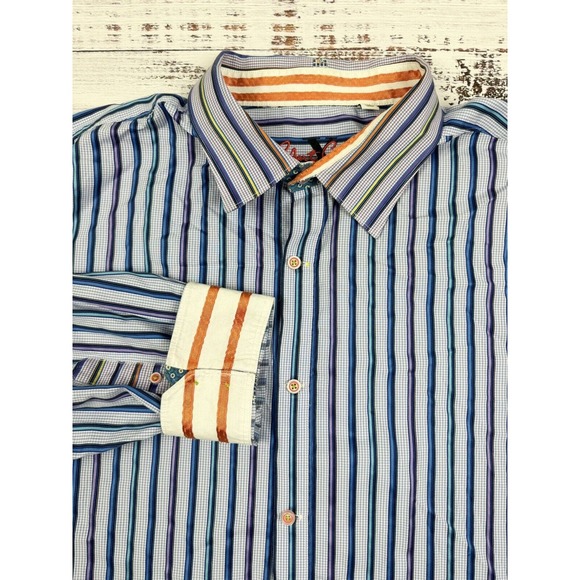 Robert Graham Men's Long Sleeve Flip‎ Cuff Blue Gingham Striped Shirt Sz 3XL - Picture 1 of 4